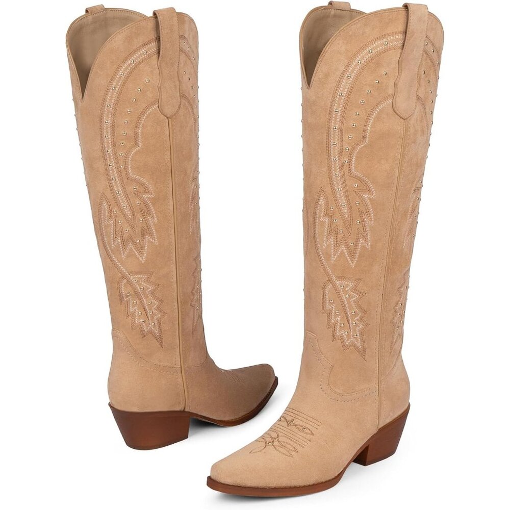 Women's Tan Knee High Rhinestone Cowgirl Boots Pointed Toe Slip on Chunky Heel - Picture 4 of 6
